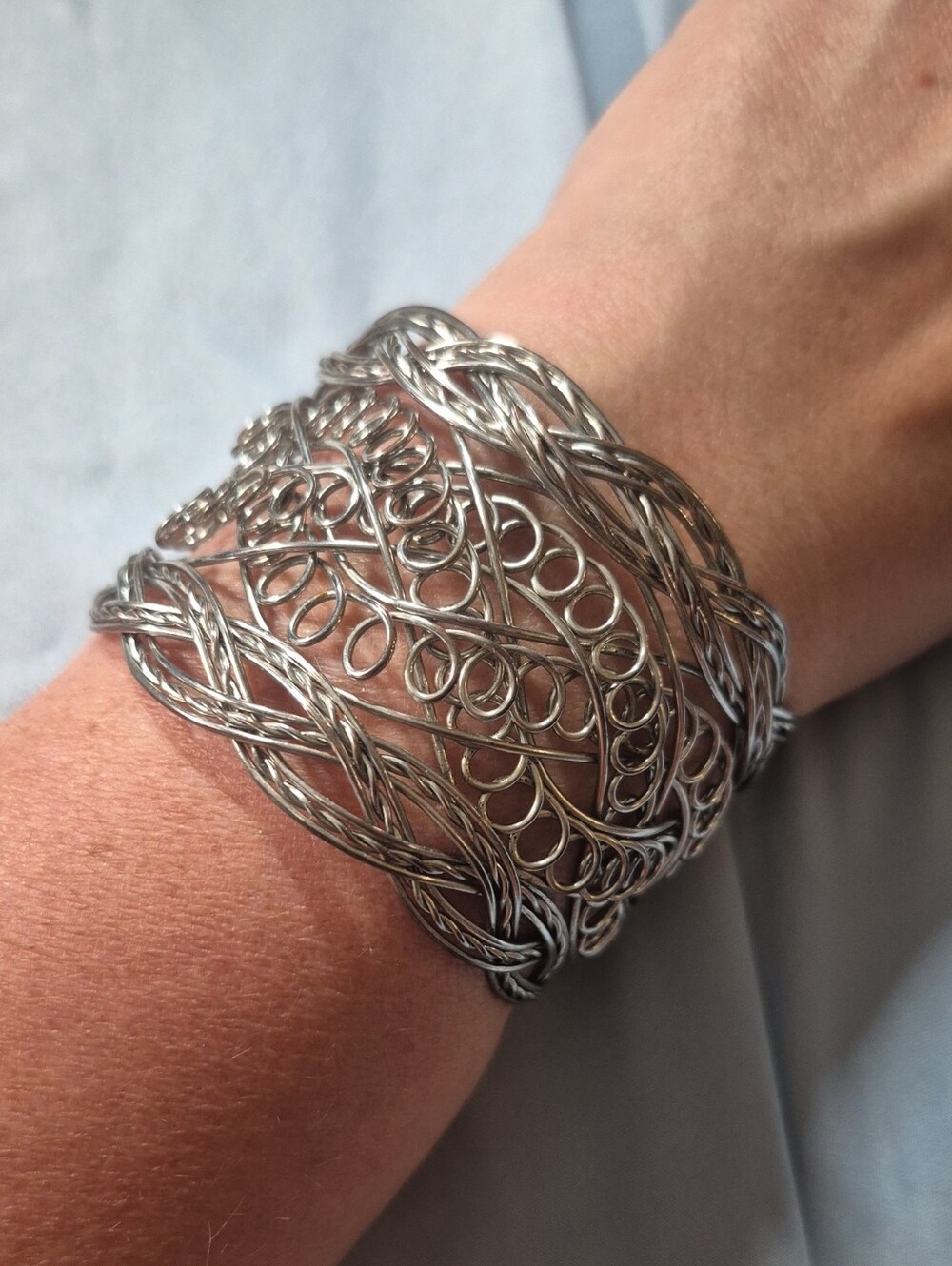 Vintage Wide Rope Wired Braid Open-Work Scroll Cuff Bracelet Silver Grecian